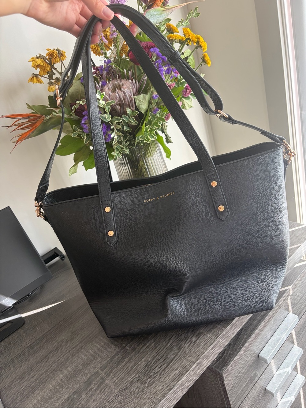 Poppy & Peonies Black Pebble Leather Laptop Tote